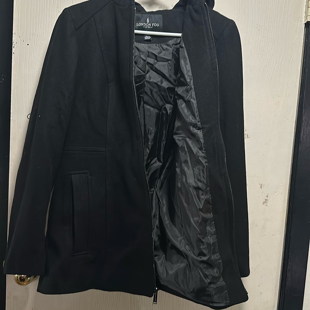 London Fog Black Hooded Wool Blend Coat - Size Small - Picture 13 of 16
